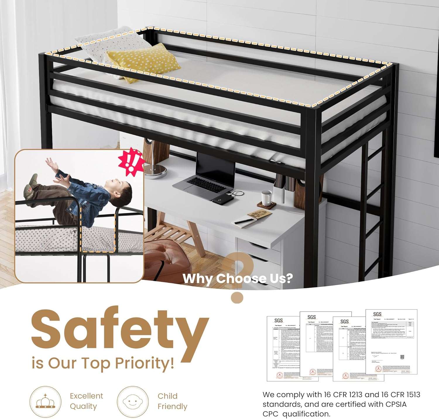 SHA CERLIN Loft Bed Twin Size with Ladder and Guardrail,Heavy Duty Metal Slats Support No Box Spring Needed Small Space Saving Furniture for Bedroom Dorm,Black - 5