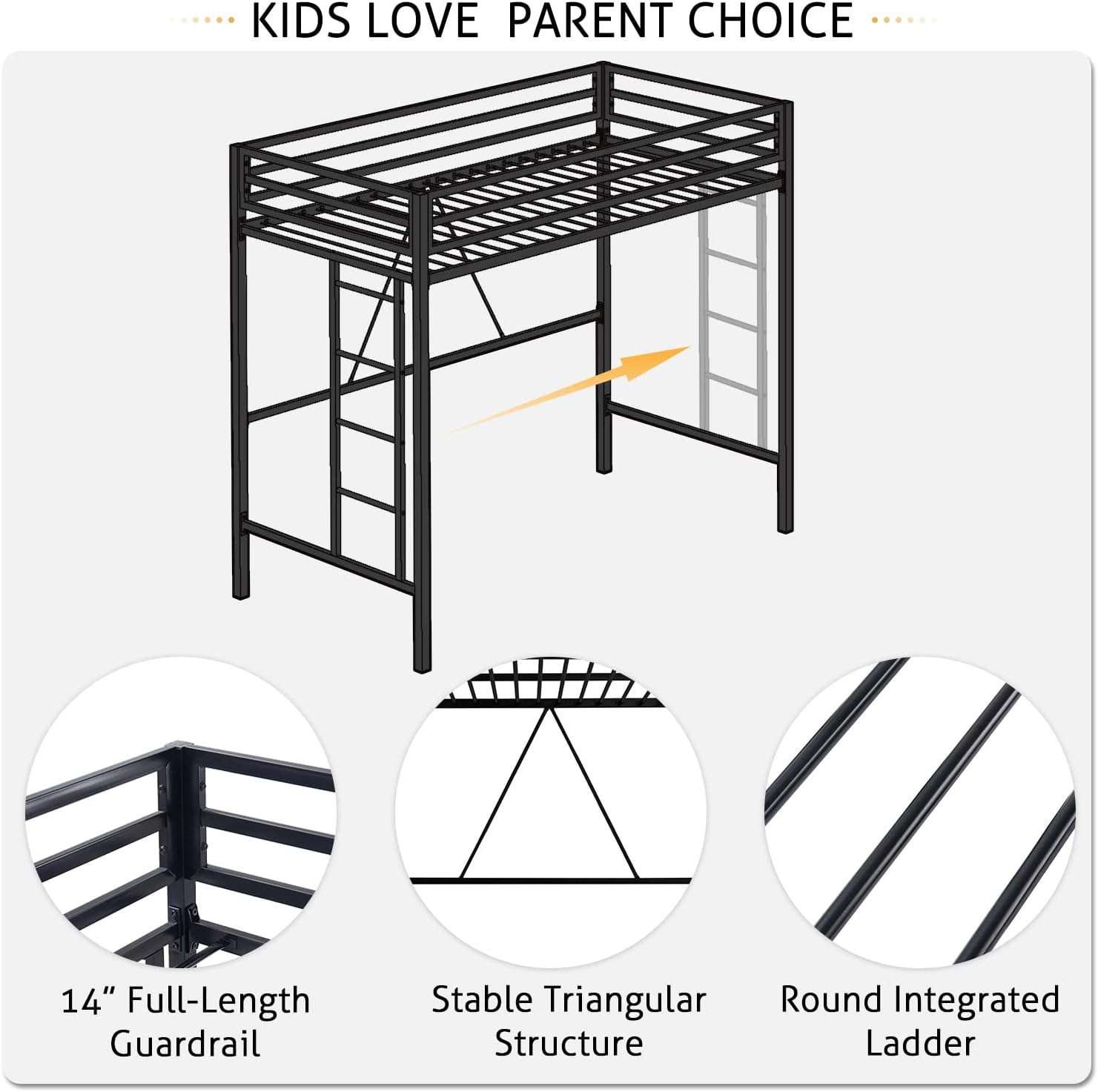 SHA CERLIN Loft Bed Twin Size with Ladder and Guardrail,Heavy Duty Metal Slats Support No Box Spring Needed Small Space Saving Furniture for Bedroom Dorm,Black - 6