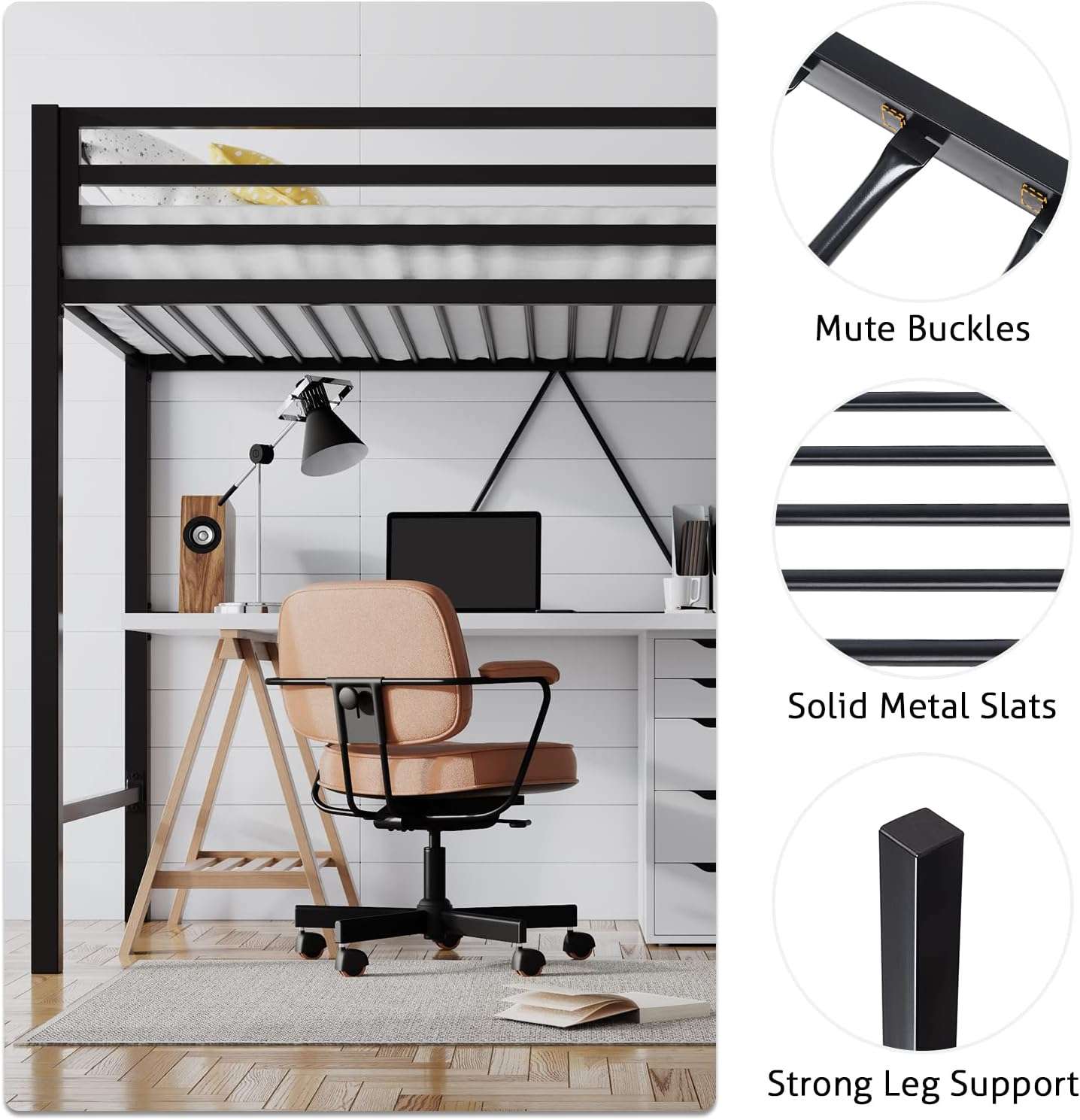 SHA CERLIN Loft Bed Twin Size with Ladder and Guardrail,Heavy Duty Metal Slats Support No Box Spring Needed Small Space Saving Furniture for Bedroom Dorm,Black - 7