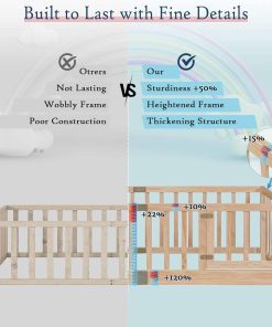 Tatub Twin Montessori Floor Bed with High Rails, Solid Wood Montessori Bed Frame for Kids, Door Can Install Left and Right, Twin-Nature - 8