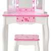 Teamson Kids Little Princess Gisele Sweethearts Print Kids Vanity Set with Matching Stool, Tri-fold Mirror with Glamour LED Lights + Storage Drawer For 3yr and up - 1