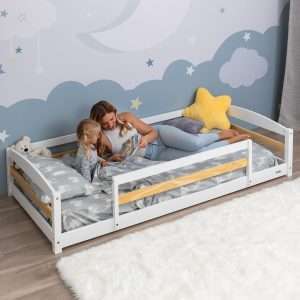 Twin Floor Bed with Safety Guardrails for Kids, Montessori Inspired with Rails and 2 Openings, Twin Size Bed Frame for Girls and Boys - White - 1