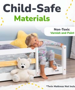Twin Floor Bed with Safety Guardrails for Kids, Montessori Inspired with Rails and 2 Openings, Twin Size Bed Frame for Girls and Boys - White - 6