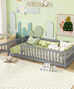 Twin Floor Bed with Slats and Center Support Bar, Montessori Floor Bed with Fence and Door, Kids Montessori Bed Twin Size, Wood Montessori Floor Bed for Kids, Girls, Boys(Twin Gray)
