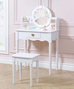 UTEX Kids Vanity, Girls Vanity Set with Mirror and Stool and Lights, Pretend Play Kids Vanity Table and Chair Set,Wooden Princess Makeup Desk Dressing Table, White - 1