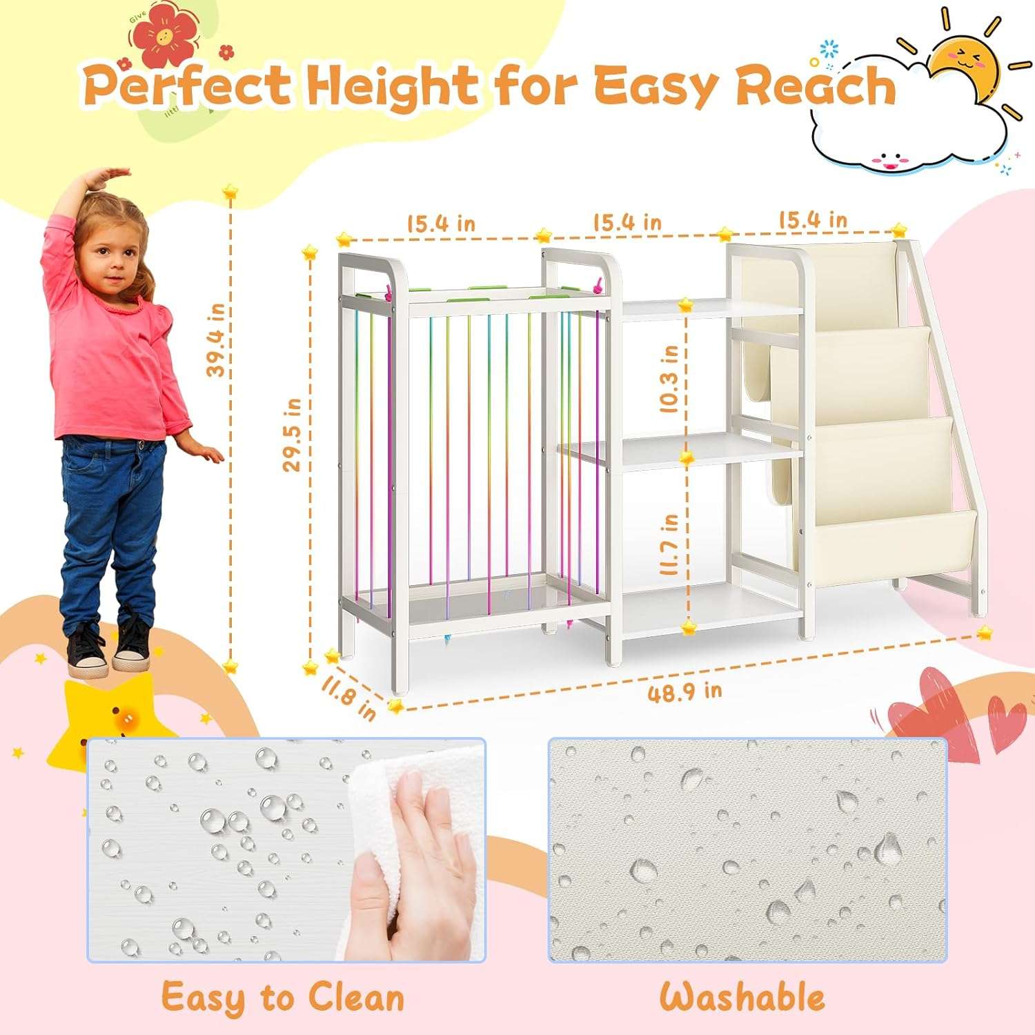 B1 Kids Bookshelf and Toy Storage, 3-Tier Book Shelf for Kids Rooms, Sling Baby Bookcase with Stuffed Animal Storage, Montessori Toddler Bookshelf for Nursery, Bedroom, Playroom, White - 2