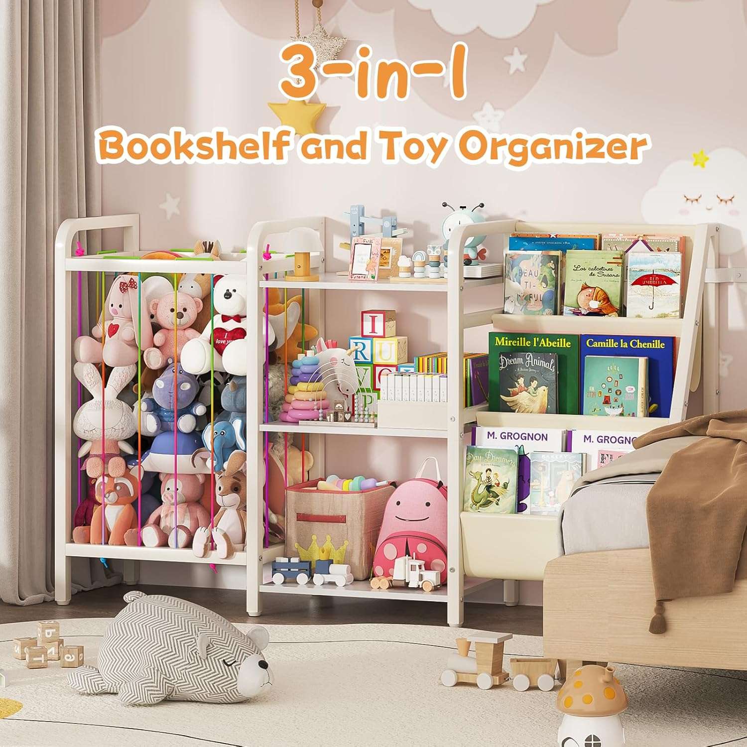 B1 Kids Bookshelf and Toy Storage, 3-Tier Book Shelf for Kids Rooms, Sling Baby Bookcase with Stuffed Animal Storage, Montessori Toddler Bookshelf for Nursery, Bedroom, Playroom, White - 5