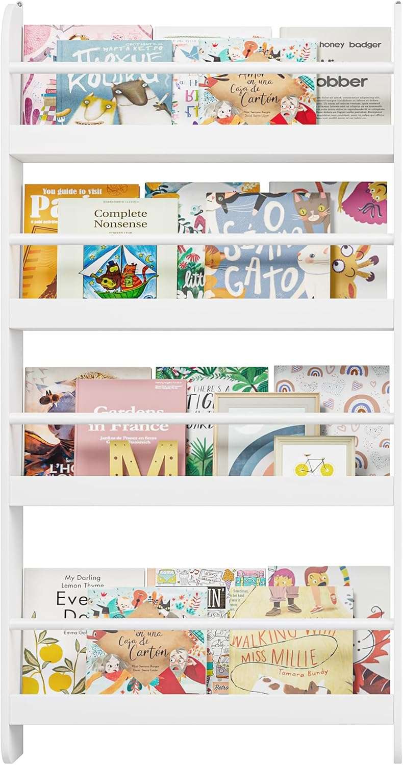FOTOSOK Kids Bookshelf, Wall Mount 4-Tier Book Shelf Organizer for Toys and Books, Toy Storage Bookshelf in Bedroom, Living Room and Nursery, White - 1