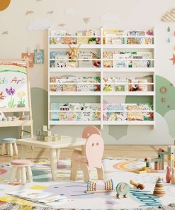 FOTOSOK Kids Bookshelf, Wall Mount 4-Tier Book Shelf Organizer for Toys and Books, Toy Storage Bookshelf in Bedroom, Living Room and Nursery, White - 4