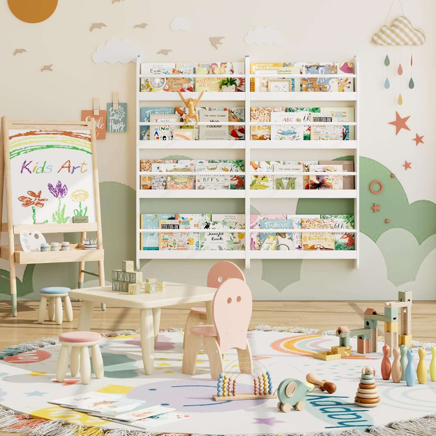 FOTOSOK Kids Bookshelf, Wall Mount 4-Tier Book Shelf Organizer for Toys and Books, Toy Storage Bookshelf in Bedroom, Living Room and Nursery, White - 4