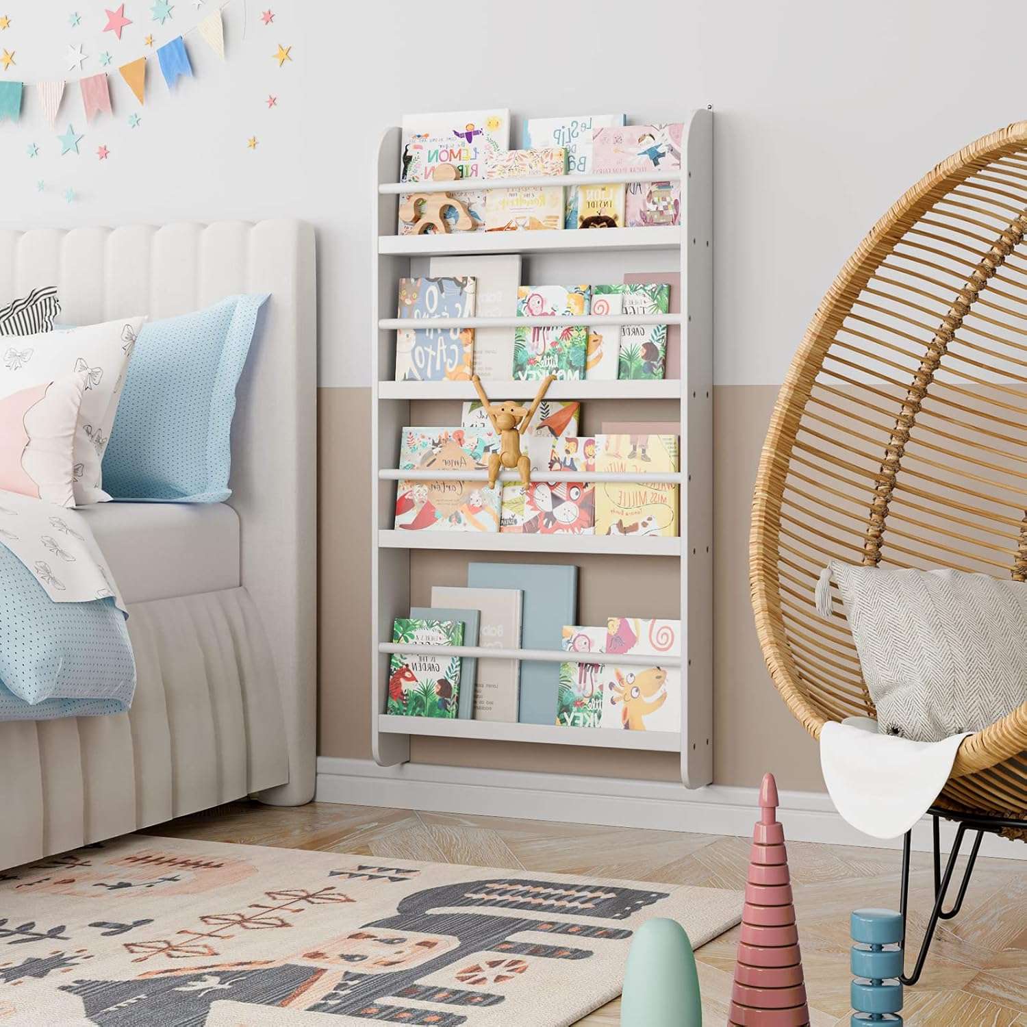 FOTOSOK Kids Bookshelf, Wall Mount 4-Tier Book Shelf Organizer for Toys and Books, Toy Storage Bookshelf in Bedroom, Living Room and Nursery, White - 5