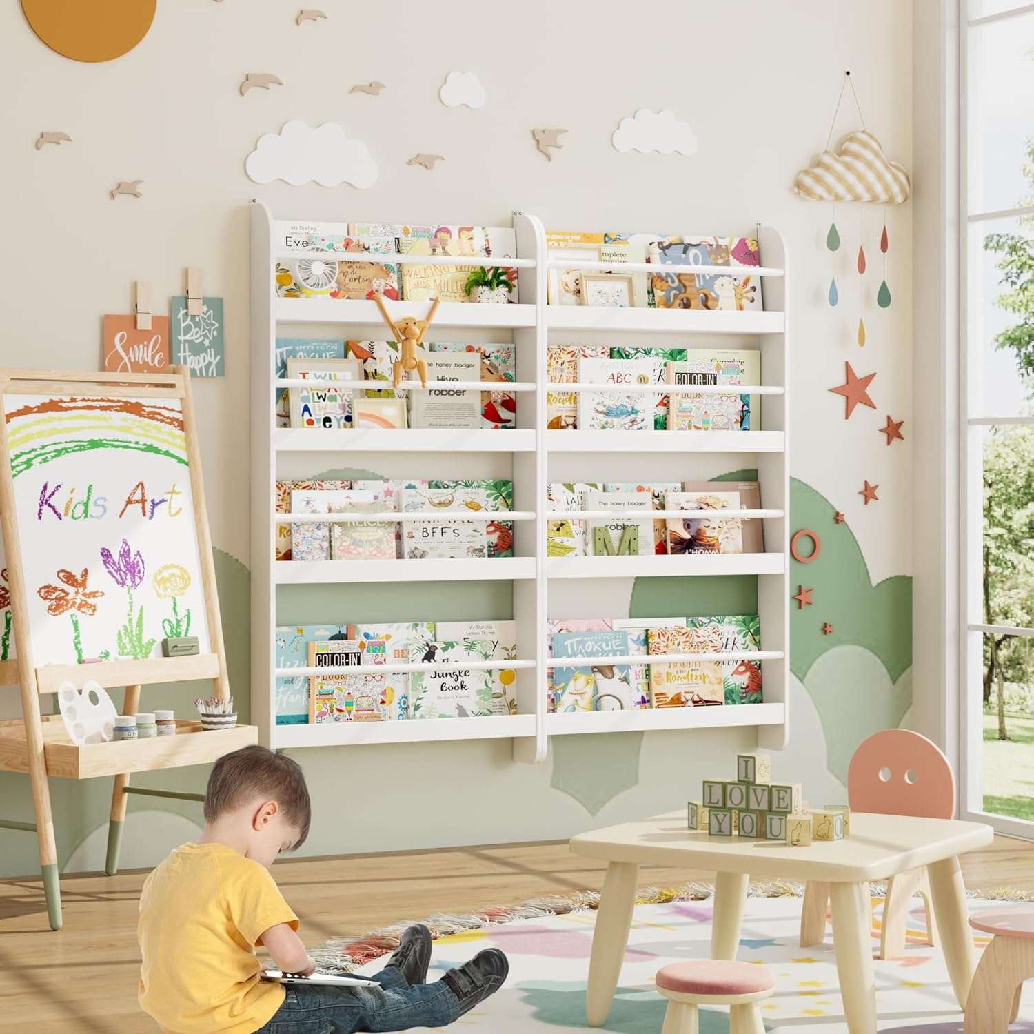 FOTOSOK Kids Bookshelf, Wall Mount 4-Tier Book Shelf Organizer for Toys and Books, Toy Storage Bookshelf in Bedroom, Living Room and Nursery, White - 6
