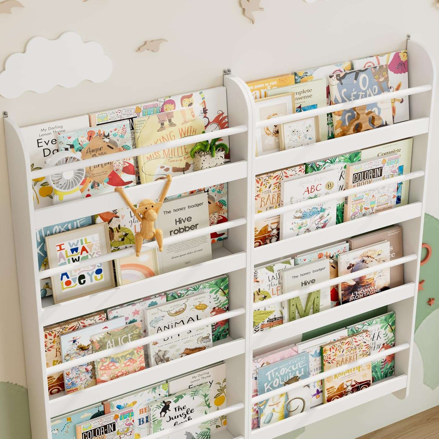 FOTOSOK Kids Bookshelf, Wall Mount 4-Tier Book Shelf Organizer for Toys and Books, Toy Storage Bookshelf in Bedroom, Living Room and Nursery, White - 7