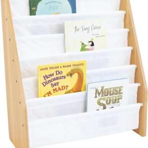 Humble Crew Kids Bookshelf 6-Tier Book Rack Organizer, Extra Large Toddler Bookcase with Fabric Storage Pockets, Front-Facing Display for Children’s Books, White-Natural Wood - 1