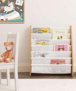 Humble Crew Kids Bookshelf 6-Tier Book Rack Organizer, Extra Large Toddler Bookcase with Fabric Storage Pockets, Front-Facing Display for Children’s Books, White-Natural Wood - 2