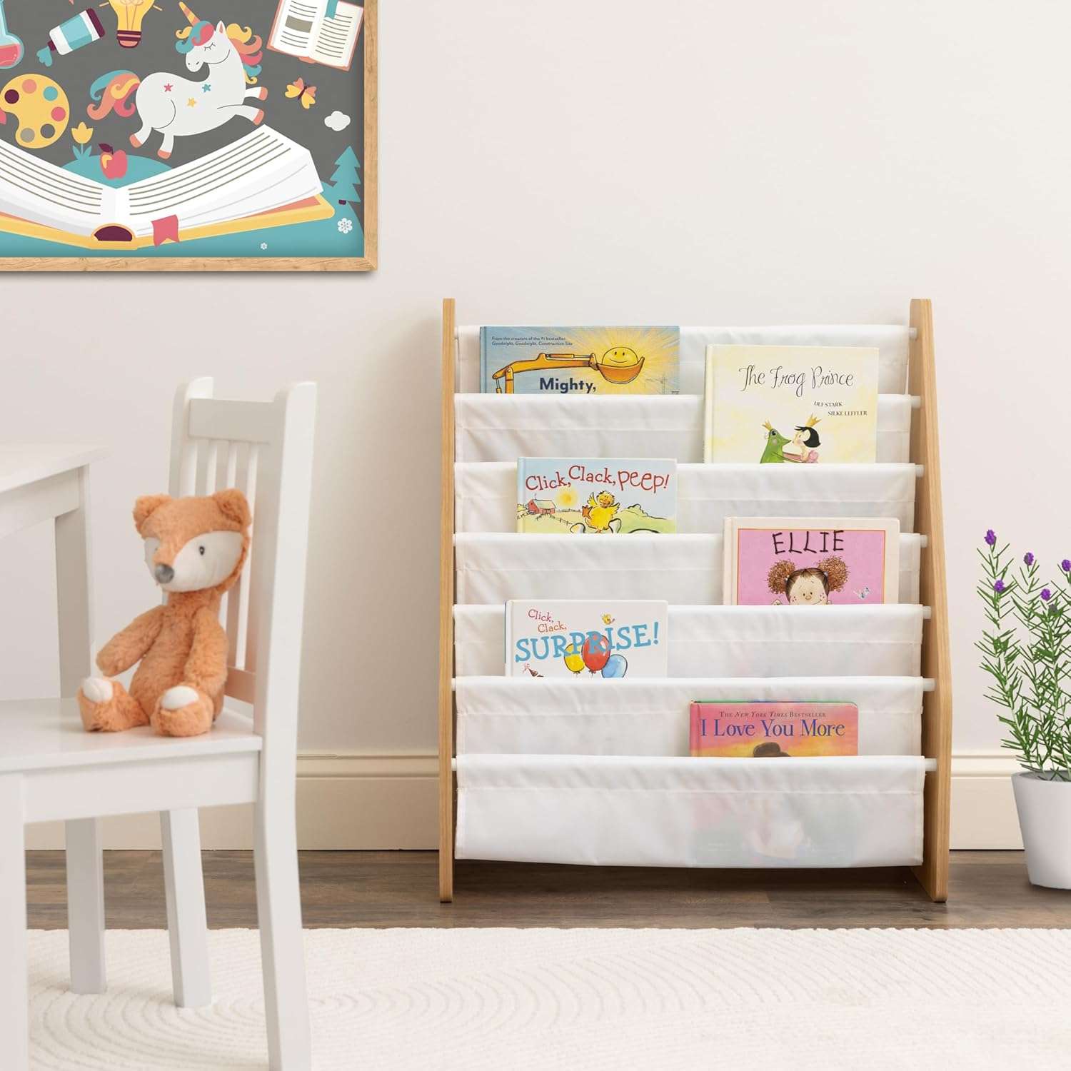 Humble Crew Kids Bookshelf 6-Tier Book Rack Organizer, Extra Large Toddler Bookcase with Fabric Storage Pockets, Front-Facing Display for Children’s Books, White-Natural Wood - 2