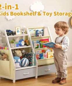 Kids Bookshelf and Toy Organizer, Sturdy 3 Tier Kids Bookcase, Sling Bookshelf and 2 Toy Bins, Toddler Montessori Book Shelf with Toy Storage Organizer for Children Room, Playroom, Nursery - 4