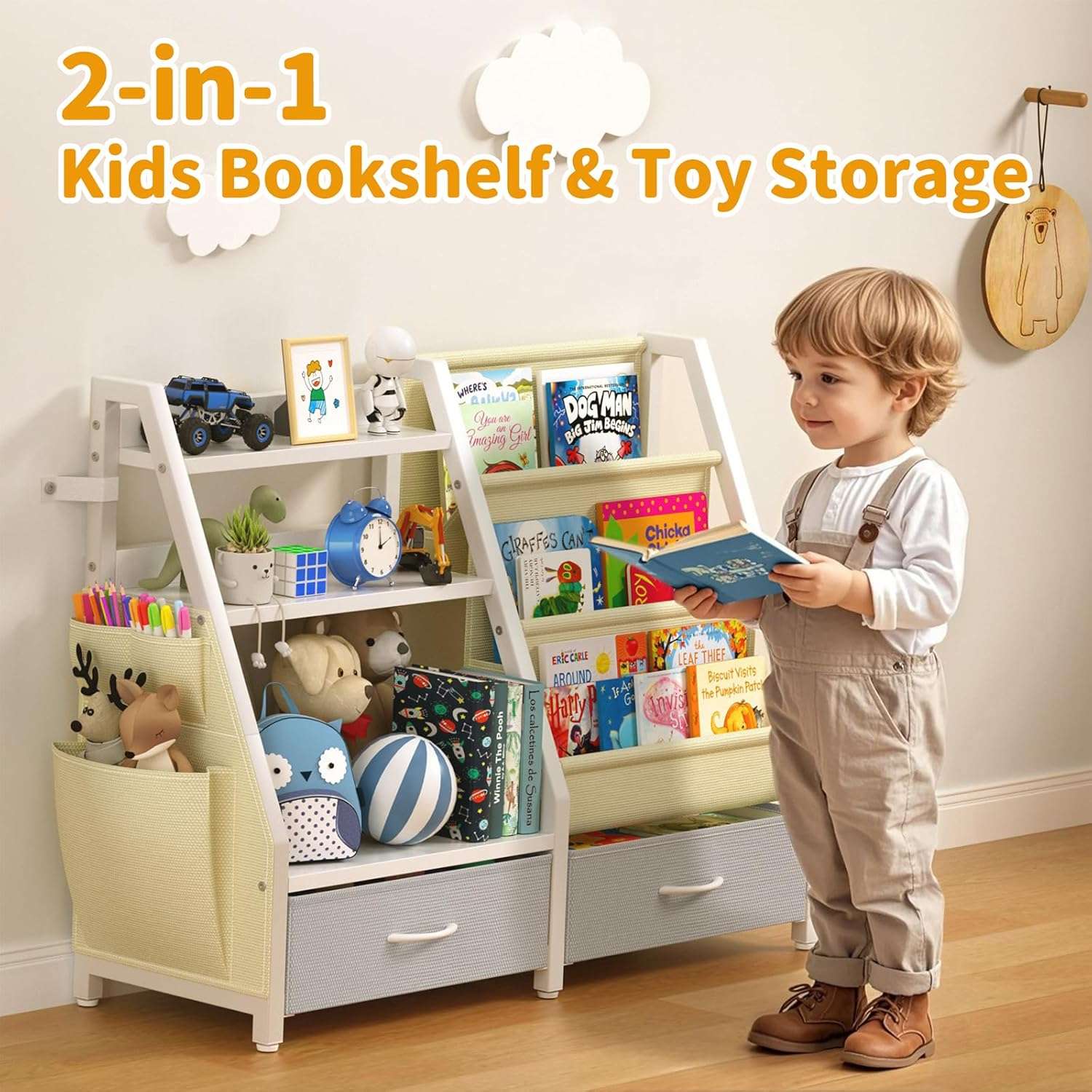Kids Bookshelf and Toy Organizer, Sturdy 3 Tier Kids Bookcase, Sling Bookshelf and 2 Toy Bins, Toddler Montessori Book Shelf with Toy Storage Organizer for Children Room, Playroom, Nursery - 4