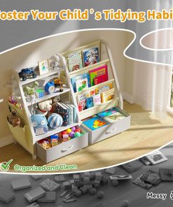 Kids Bookshelf and Toy Organizer, Sturdy 3 Tier Kids Bookcase, Sling Bookshelf and 2 Toy Bins, Toddler Montessori Book Shelf with Toy Storage Organizer for Children Room, Playroom, Nursery - 5
