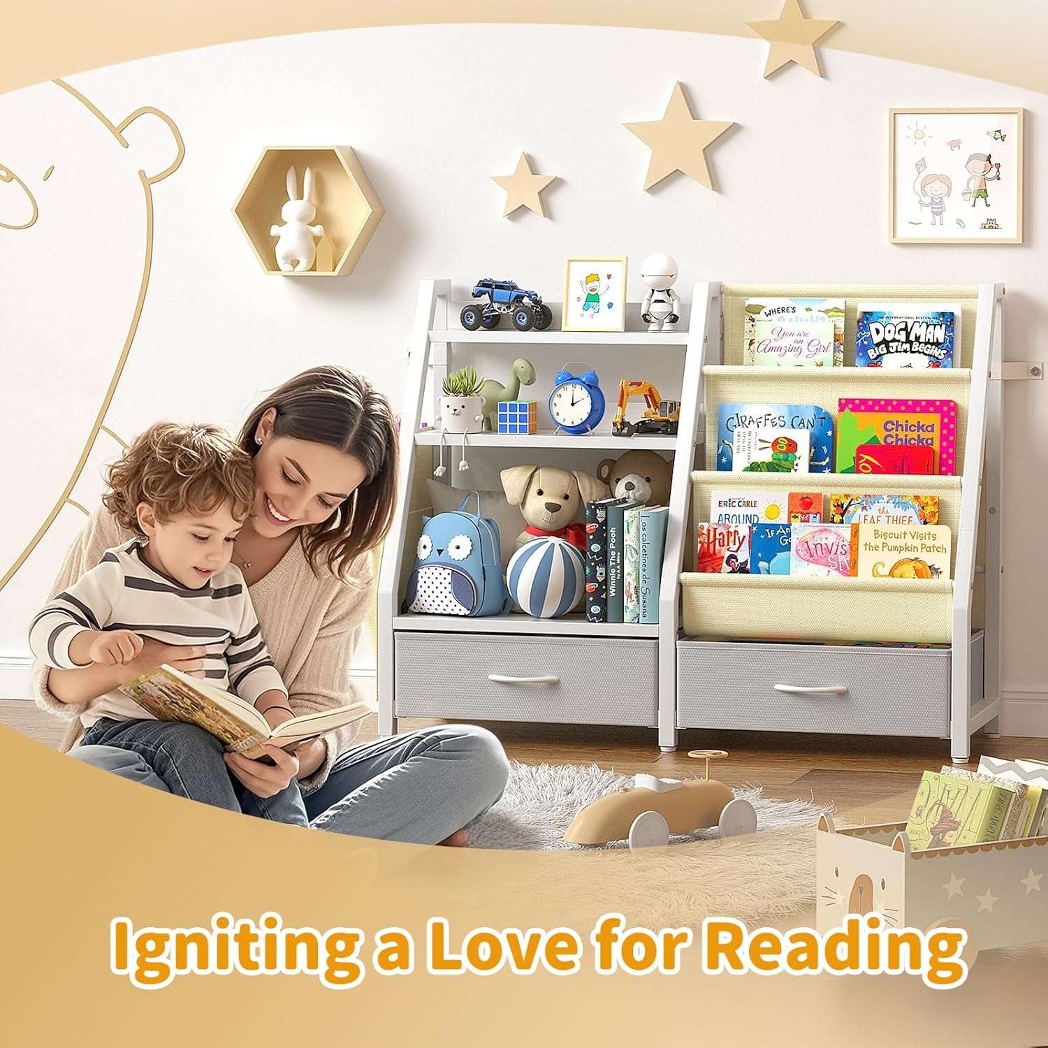 Kids Bookshelf and Toy Organizer, Sturdy 3 Tier Kids Bookcase, Sling Bookshelf and 2 Toy Bins, Toddler Montessori Book Shelf with Toy Storage Organizer for Children Room, Playroom, Nursery - 6