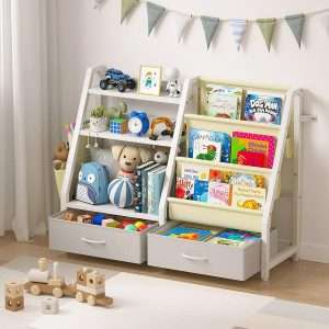 Kids Bookshelf and Toy Organizer, Sturdy 3 Tier Kids Bookcase, Sling Bookshelf and 2 Toy Bins, Toddler Montessori Book Shelf with Toy Storage Organizer for Children Room, Playroom, Nursery - 7
