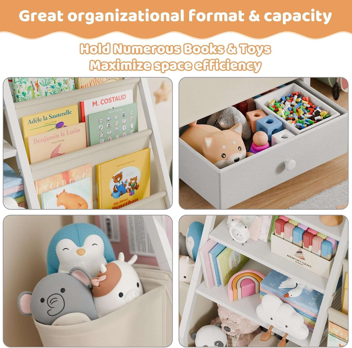 Kids Bookshelf and Toy Storage - Kids Book Shelf for Kids Rooms, Toddler Bookshelf Baby Bookcase for Nursery, Montessori Toy Organizer, White - 3