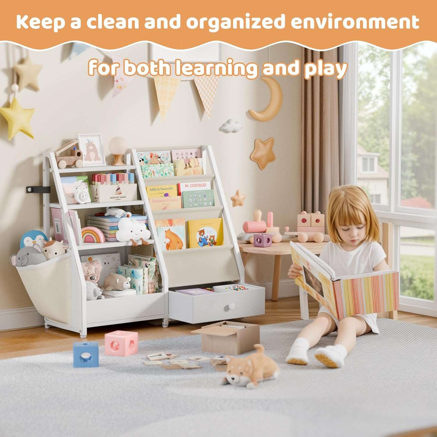 Kids Bookshelf and Toy Storage - Kids Book Shelf for Kids Rooms, Toddler Bookshelf Baby Bookcase for Nursery, Montessori Toy Organizer, White - 4