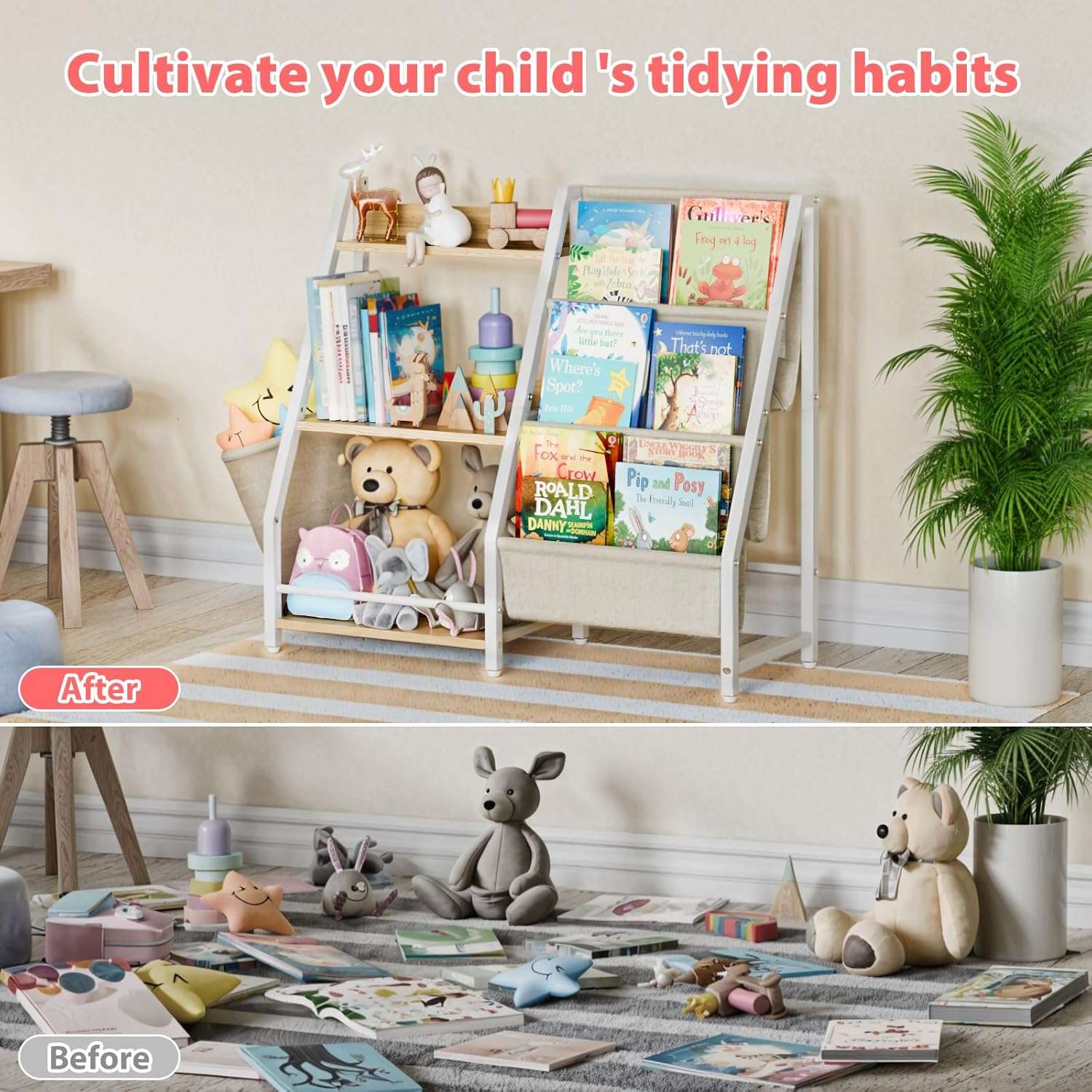 LATIBELL 3 Tier Kids Bookshelf and Toy Storage, Kids Bookcase Book Sling Shelf, Montessori Baby Toddler Bookshelf, Toy Storage Organizer, for Playroom, Bedroom, Nursery - 5