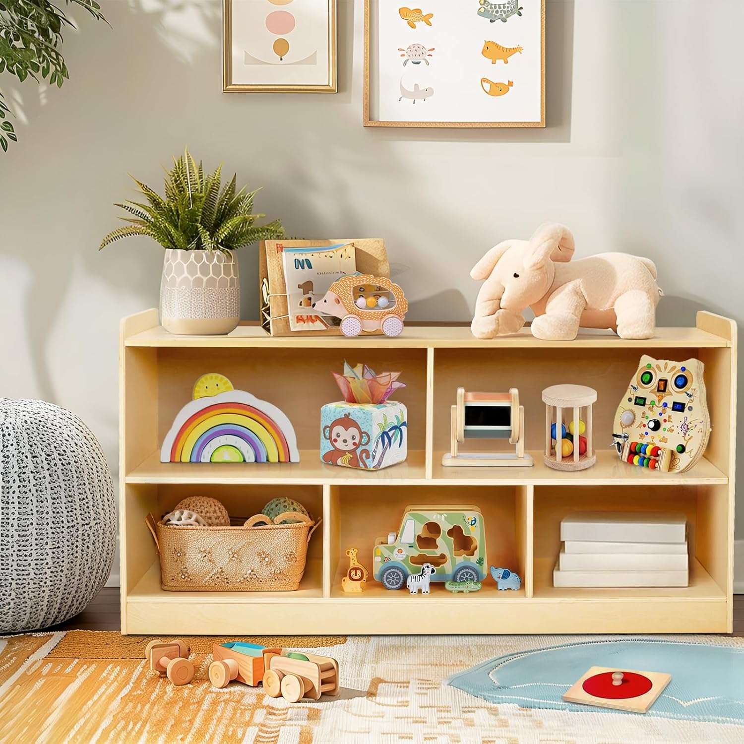 Montessori Shelf, Wooden Toy Storage Organizer for Books Toys, 2 Shelf Bookcase, 5-Section Storage Cabinet, Toddler Book Shelf for Kids Rooms, Playroom, Nursery, Kindergarten - 1
