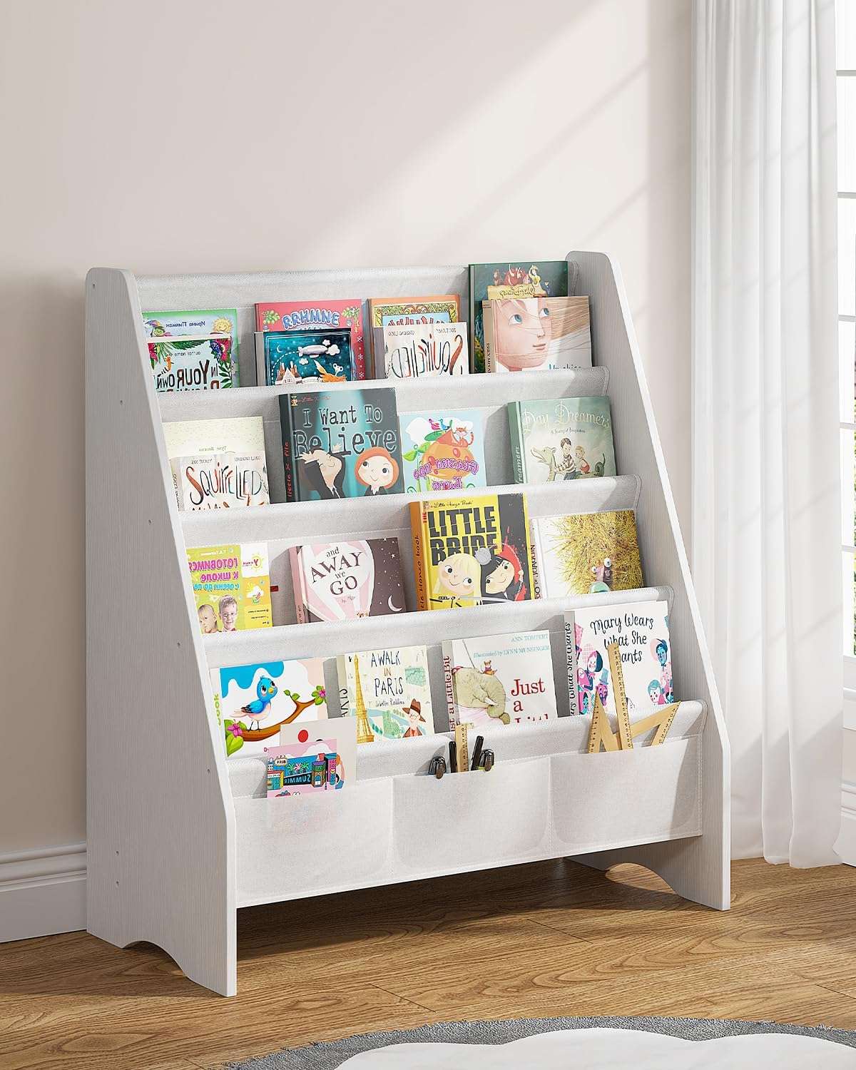 SEIRIONE Sturdy Kids Bookshelf, Eco-Safe 4-Tier Sling Bookshelf for Kids Room with Tear-Proof Oxford Fabric, Ideal Height for Easy Book Access, Deep Slings to Keep Books Upright, White-Wood Texture - 1