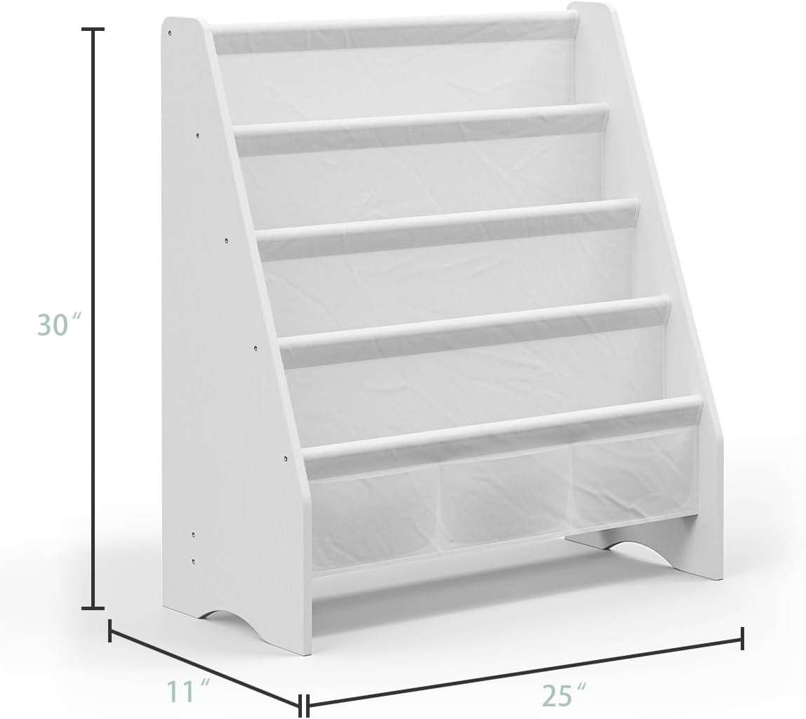 SEIRIONE Sturdy Kids Bookshelf, Eco-Safe 4-Tier Sling Bookshelf for Kids Room with Tear-Proof Oxford Fabric, Ideal Height for Easy Book Access, Deep Slings to Keep Books Upright, White/Wood Texture - Image 6