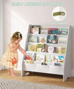 SEIRIONE Sturdy Kids Bookshelf, Eco-Safe 4-Tier Sling Bookshelf for Kids Room with Tear-Proof Oxford Fabric, Ideal Height for Easy Book Access, Deep Slings to Keep Books Upright, White-Wood Texture - 3