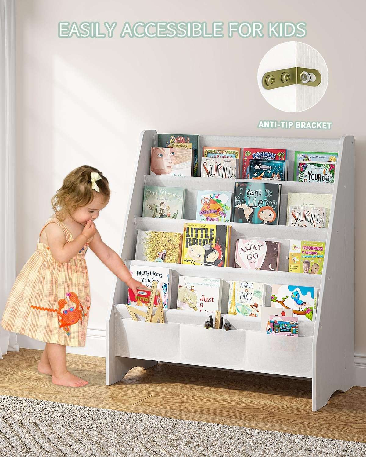 SEIRIONE Sturdy Kids Bookshelf, Eco-Safe 4-Tier Sling Bookshelf for Kids Room with Tear-Proof Oxford Fabric, Ideal Height for Easy Book Access, Deep Slings to Keep Books Upright, White-Wood Texture - 3