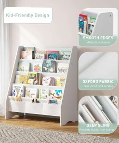 SEIRIONE Sturdy Kids Bookshelf, Eco-Safe 4-Tier Sling Bookshelf for Kids Room with Tear-Proof Oxford Fabric, Ideal Height for Easy Book Access, Deep Slings to Keep Books Upright, White-Wood Texture - 4