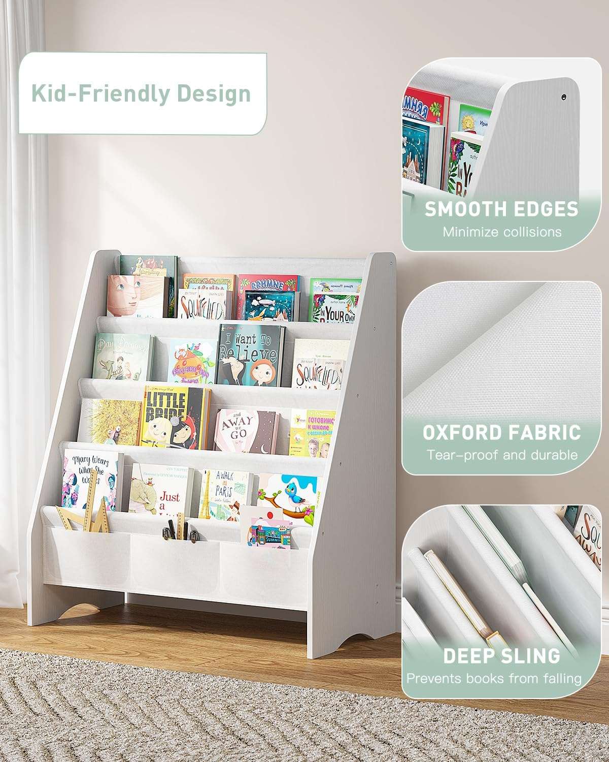SEIRIONE Sturdy Kids Bookshelf, Eco-Safe 4-Tier Sling Bookshelf for Kids Room with Tear-Proof Oxford Fabric, Ideal Height for Easy Book Access, Deep Slings to Keep Books Upright, White-Wood Texture - 4