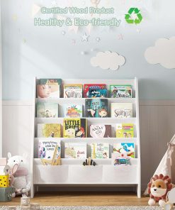 SEIRIONE Sturdy Kids Bookshelf, Eco-Safe 4-Tier Sling Bookshelf for Kids Room with Tear-Proof Oxford Fabric, Ideal Height for Easy Book Access, Deep Slings to Keep Books Upright, White-Wood Texture - 5