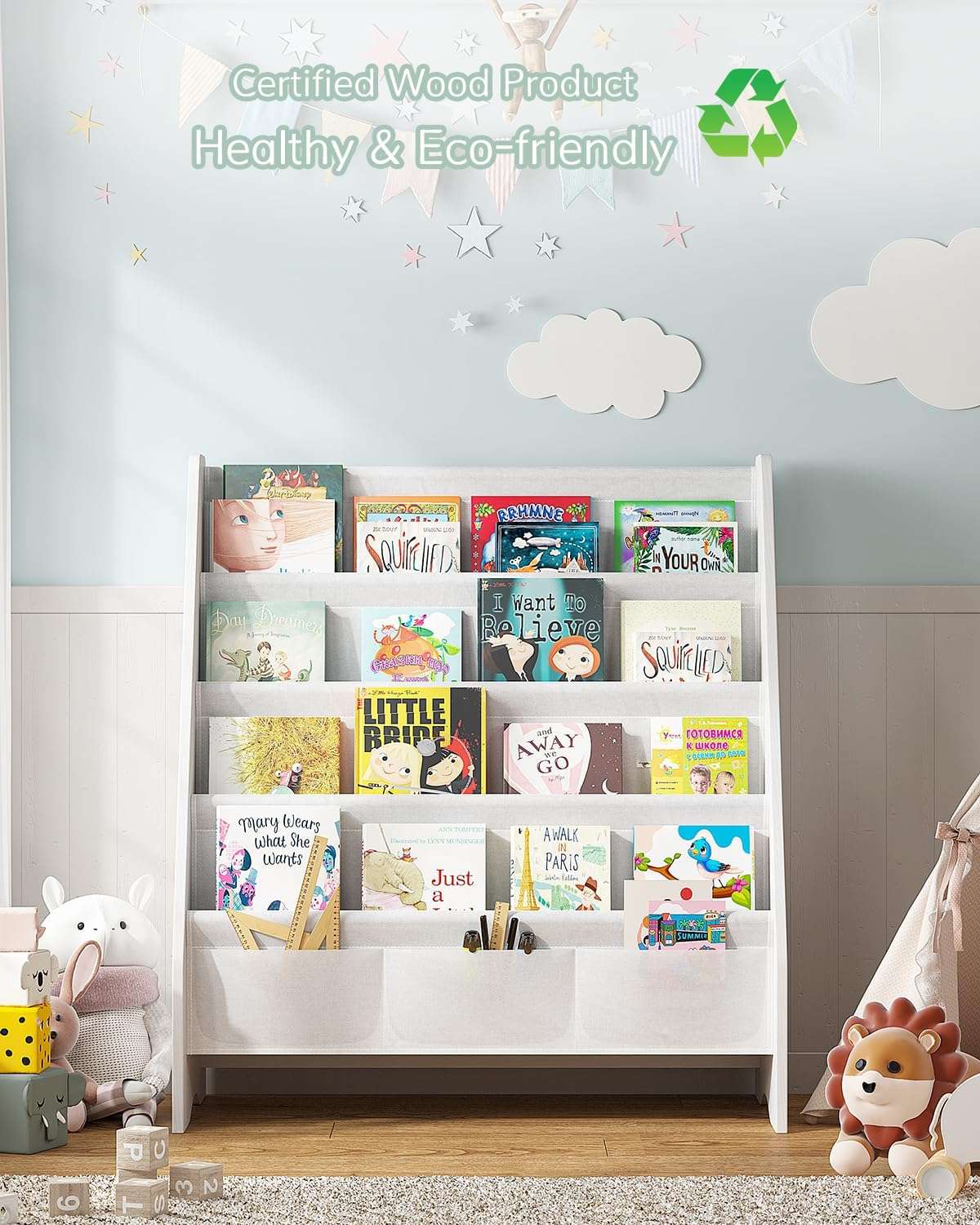 SEIRIONE Sturdy Kids Bookshelf, Eco-Safe 4-Tier Sling Bookshelf for Kids Room with Tear-Proof Oxford Fabric, Ideal Height for Easy Book Access, Deep Slings to Keep Books Upright, White-Wood Texture - 5