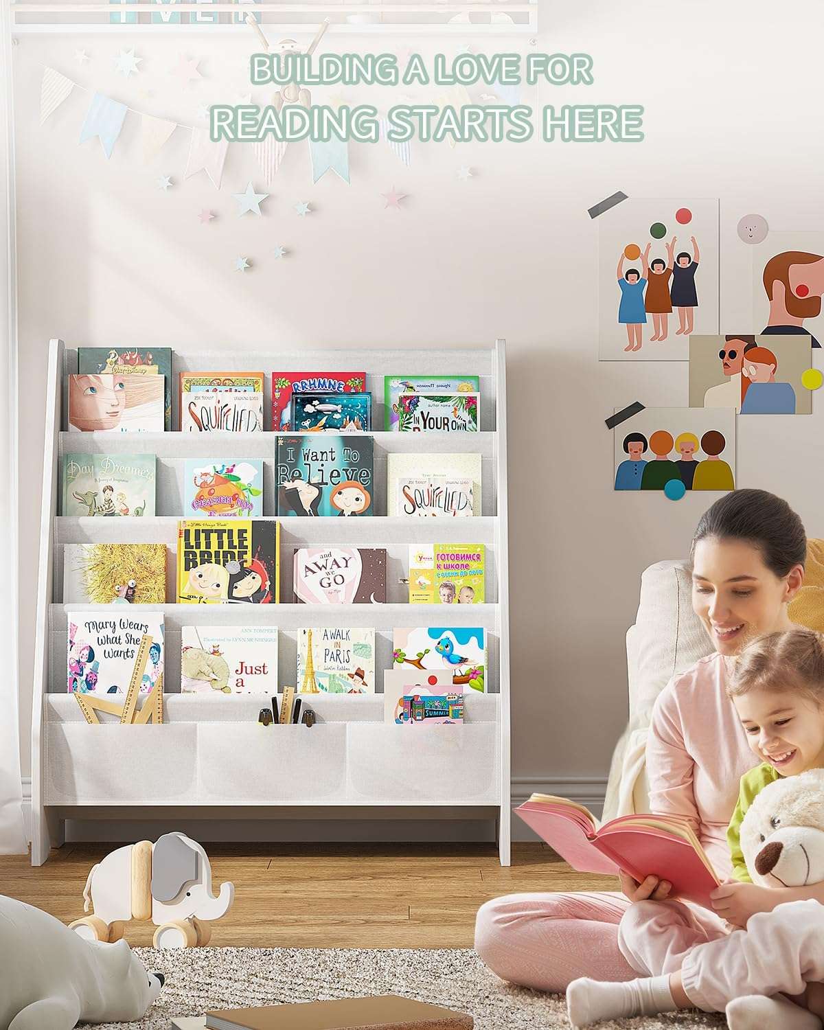 SEIRIONE Sturdy Kids Bookshelf, Eco-Safe 4-Tier Sling Bookshelf for Kids Room with Tear-Proof Oxford Fabric, Ideal Height for Easy Book Access, Deep Slings to Keep Books Upright, White-Wood Texture - 6