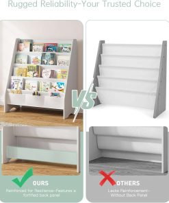 SEIRIONE Sturdy Kids Bookshelf, Eco-Safe 4-Tier Sling Bookshelf for Kids Room with Tear-Proof Oxford Fabric, Ideal Height for Easy Book Access, Deep Slings to Keep Books Upright, White-Wood Texture - 7