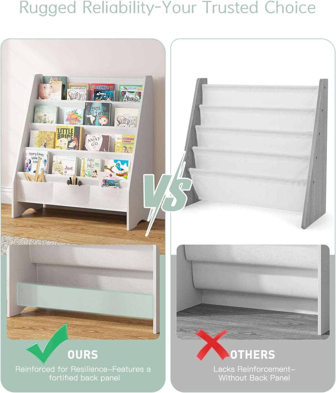 SEIRIONE Sturdy Kids Bookshelf, Eco-Safe 4-Tier Sling Bookshelf for Kids Room with Tear-Proof Oxford Fabric, Ideal Height for Easy Book Access, Deep Slings to Keep Books Upright, White-Wood Texture - 7