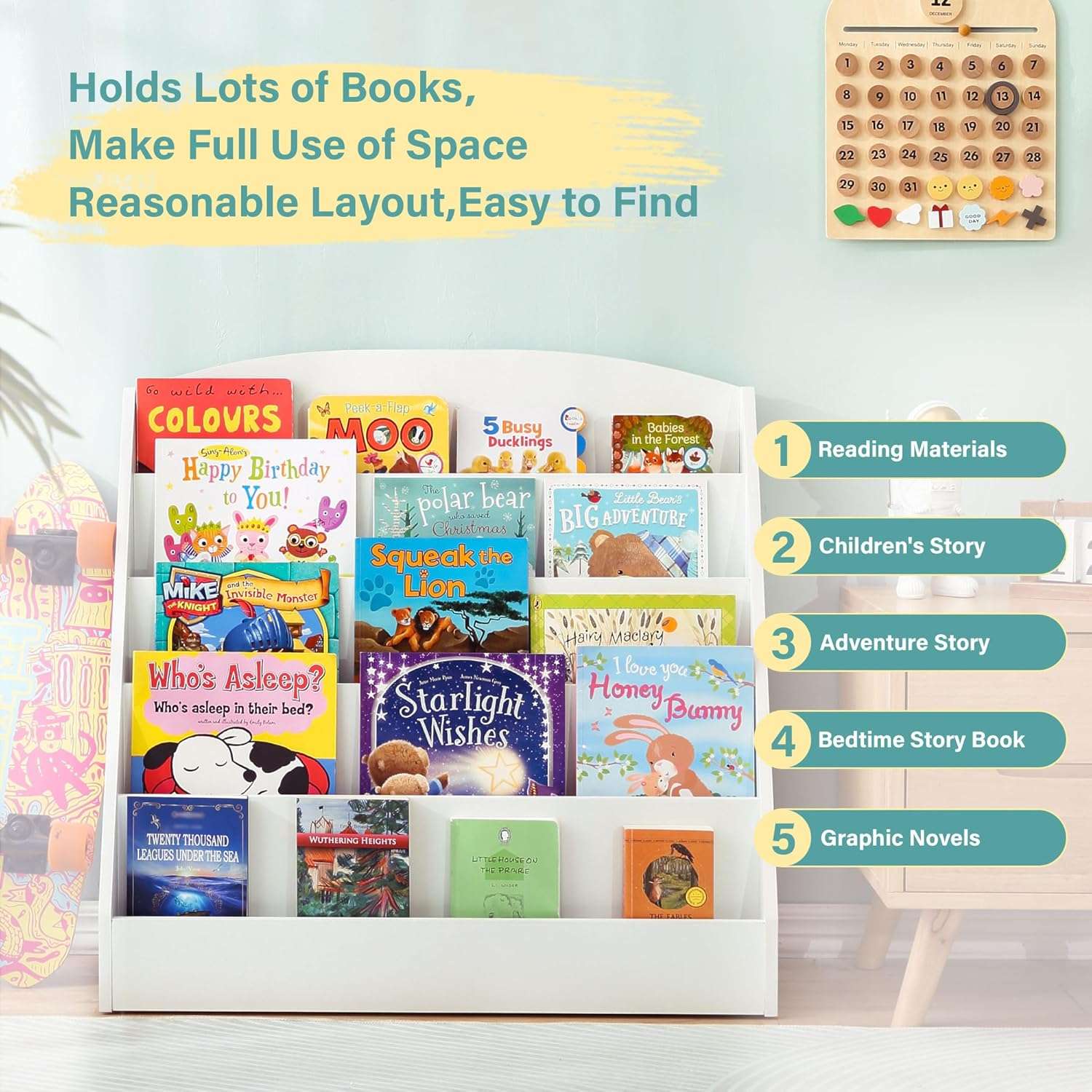 TOETOL 5-Tier Kids Bookshelf - Toddler Book Display Shelves for Classrooms, Playrooms, and Nursery - Wooden Children Book Rack - 6