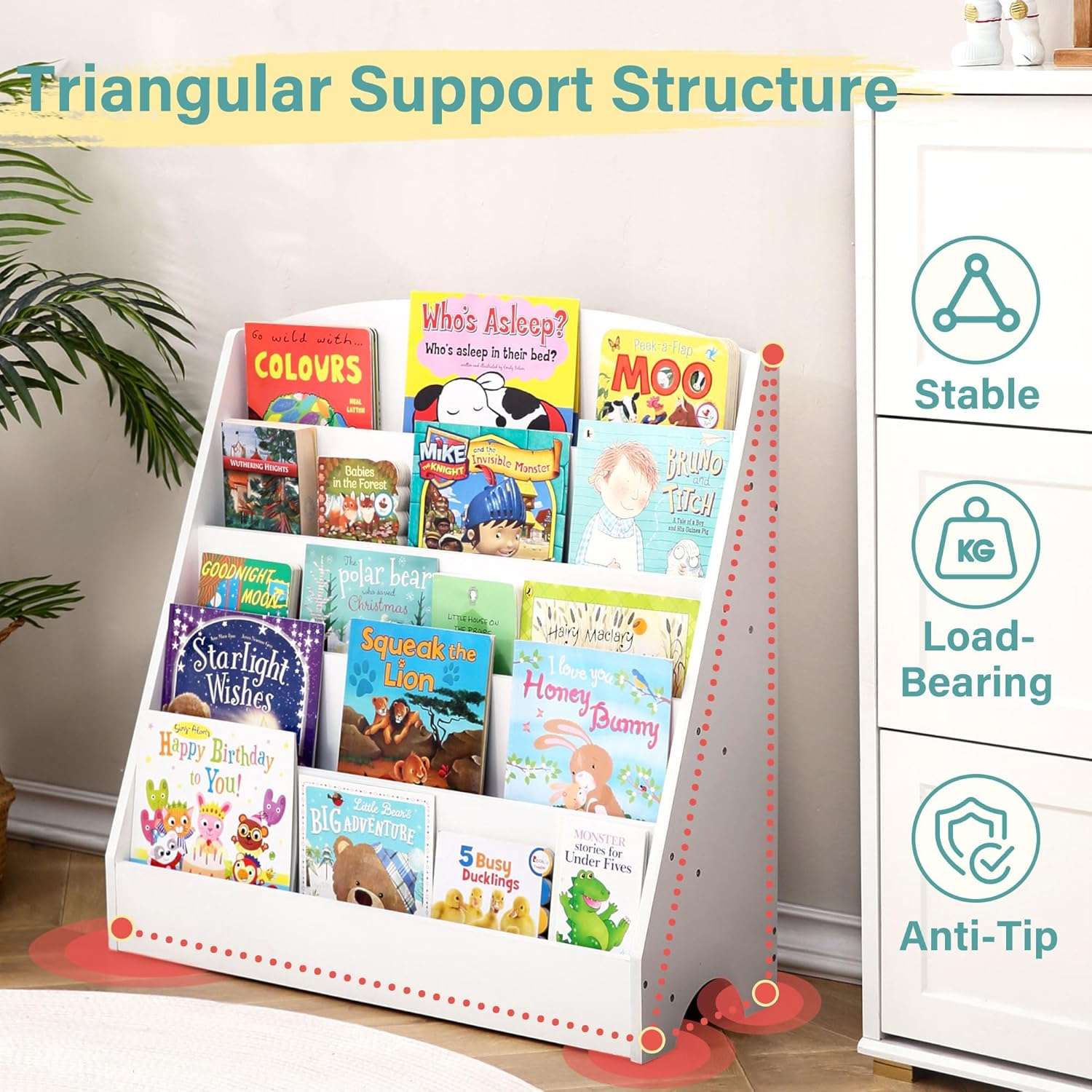 TOETOL 5-Tier Kids Bookshelf - Toddler Book Display Shelves for Classrooms, Playrooms, and Nursery - Wooden Children Book Rack - 7