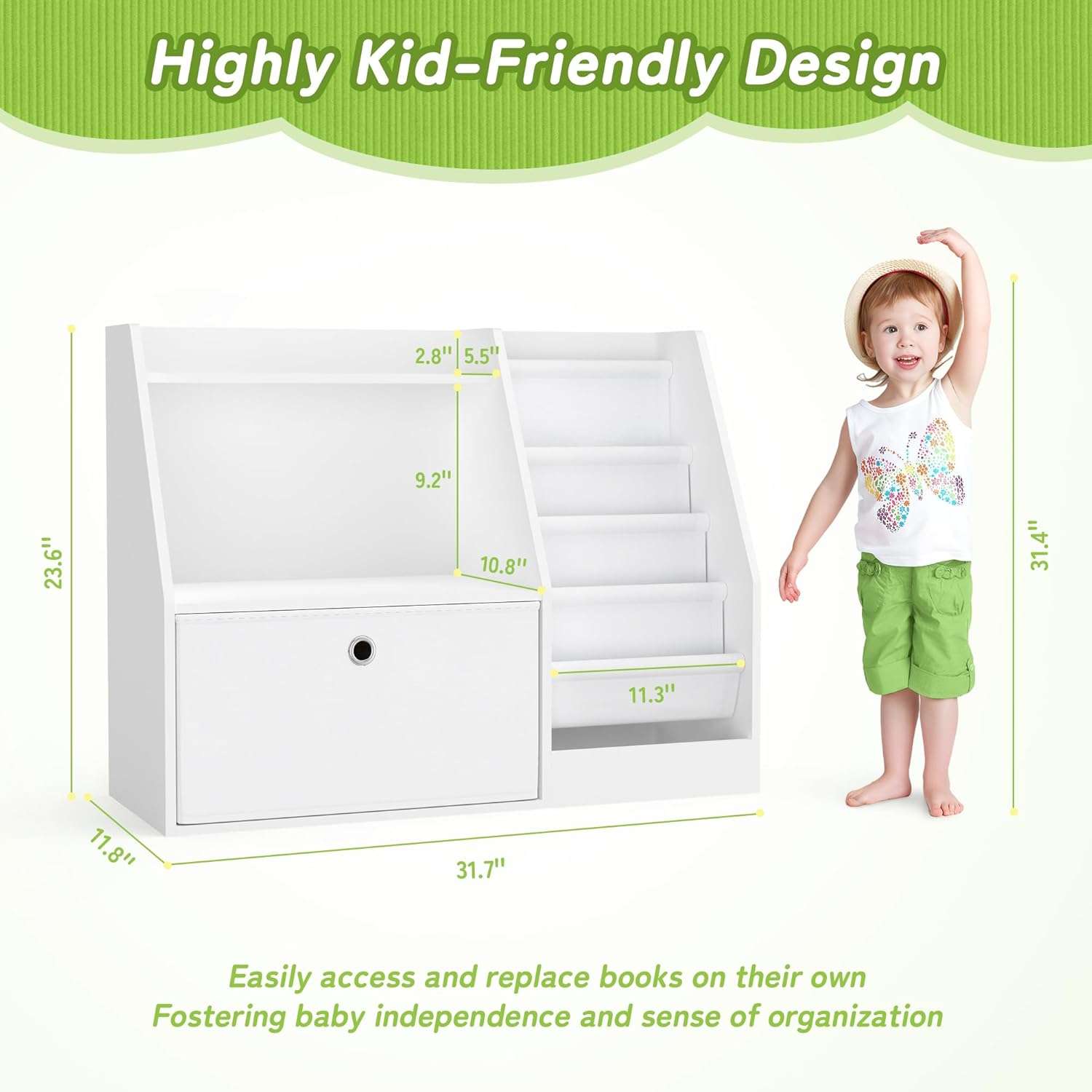 TOETOL Kids Bookshelf,Book Storage Organizer,4 Sling Toddler Wooden Book Shelf,2-Tier Kids Bookcase for Bedroom,Livingroom,Playroom,Nursery-White - 2