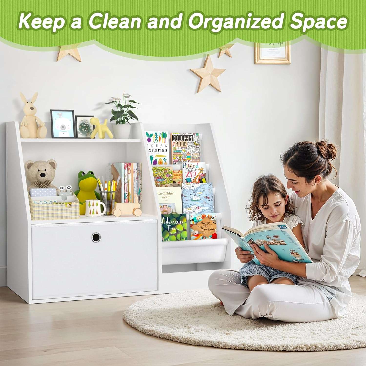 TOETOL Kids Bookshelf,Book Storage Organizer,4 Sling Toddler Wooden Book Shelf,2-Tier Kids Bookcase for Bedroom,Livingroom,Playroom,Nursery-White - 5