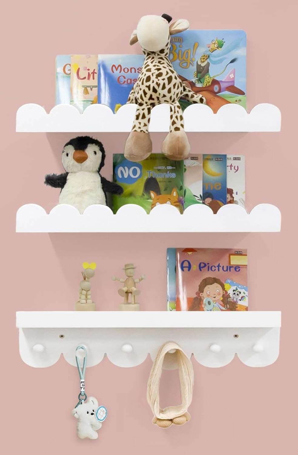 Wall Book Shelves for Bedroom Kids with Hooks - Scalloped Shelves for Nursery Set of 3, Nursery Bookshelf for Wall Room Decor, 16 Inch - 1