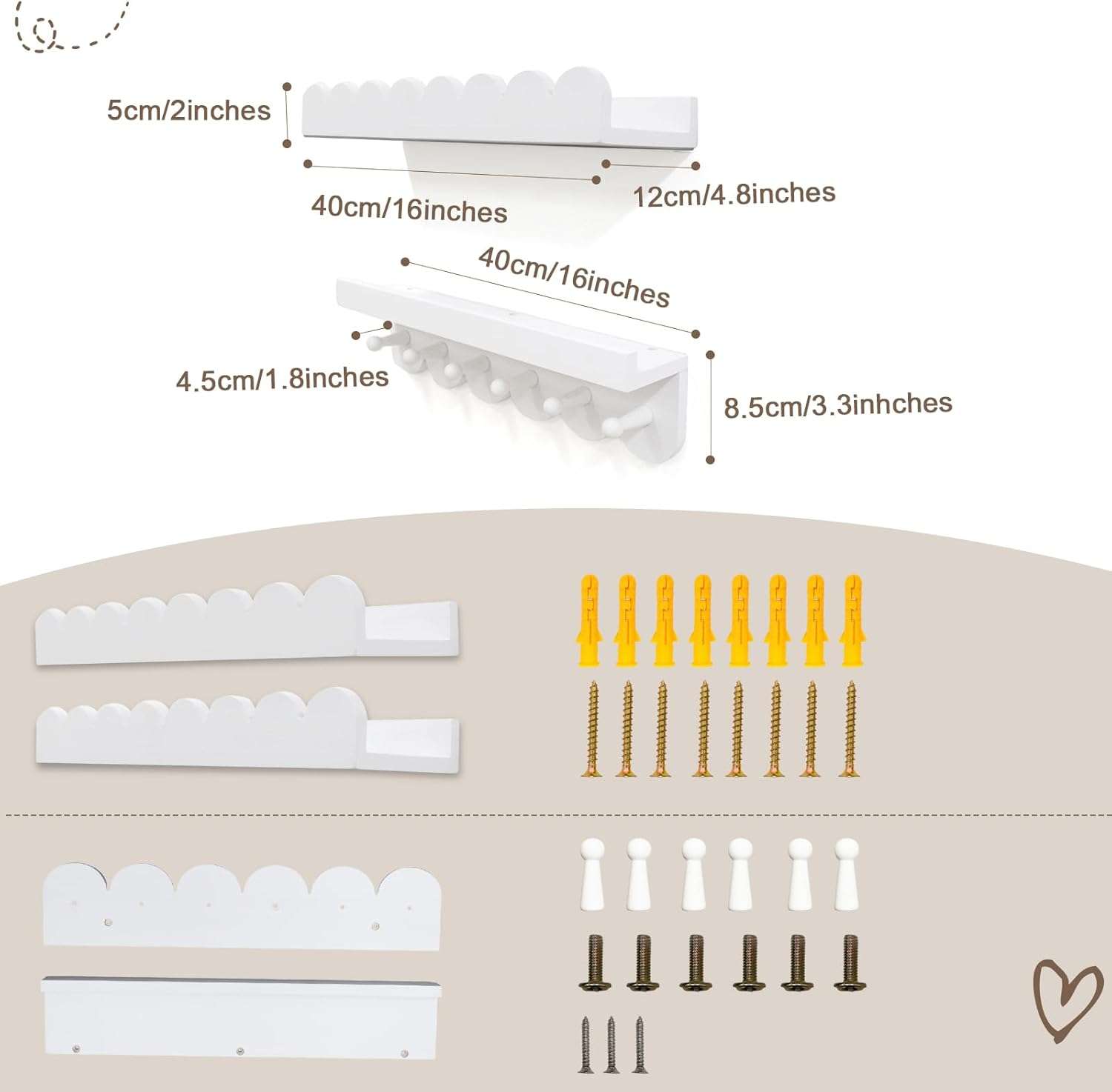Wall Book Shelves for Bedroom Kids with Hooks - Scalloped Shelves for Nursery Set of 3, Nursery Bookshelf for Wall Room Decor, 16 Inch - 3