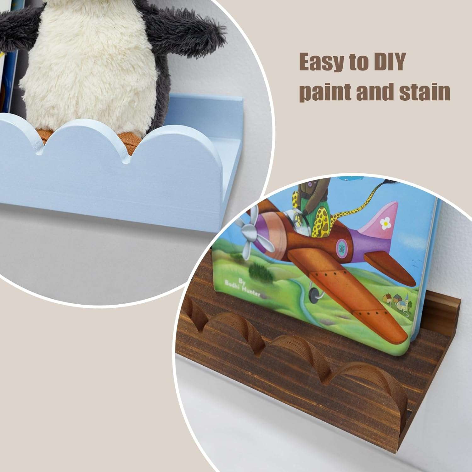 Wall Book Shelves for Bedroom Kids with Hooks - Scalloped Shelves for Nursery Set of 3, Nursery Bookshelf for Wall Room Decor, 16 Inch - 4