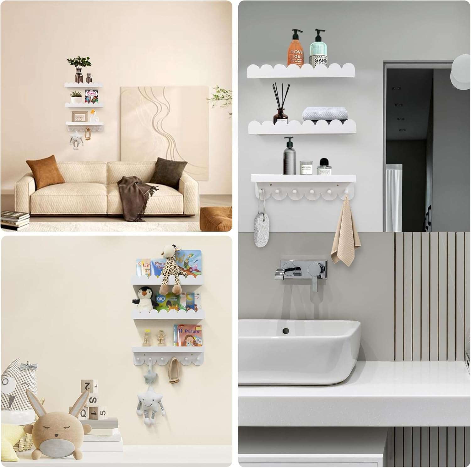 Wall Book Shelves for Bedroom Kids with Hooks - Scalloped Shelves for Nursery Set of 3, Nursery Bookshelf for Wall Room Decor, 16 Inch - 6