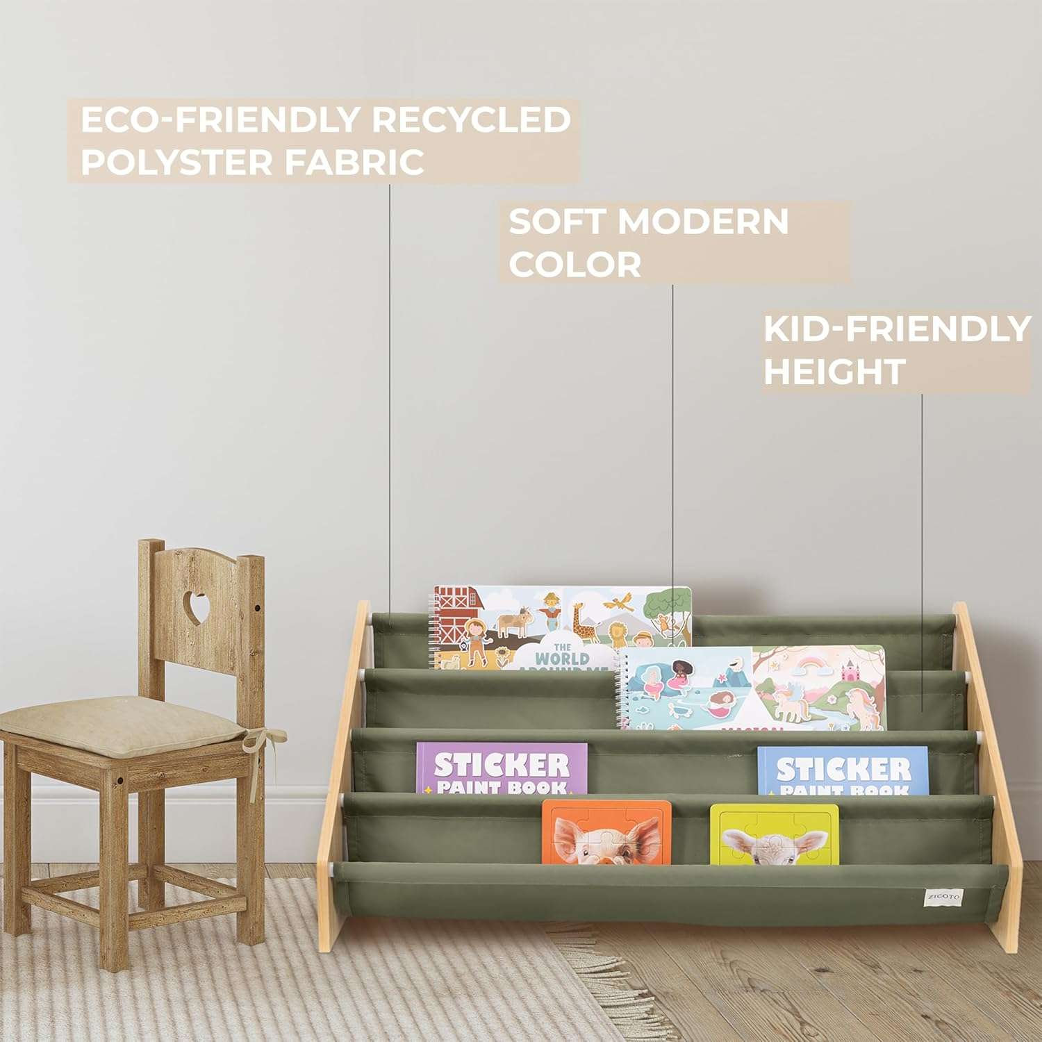 ZICOTO Decorative Kids Bookshelf - Modern Montessori Shelf for Nursery or Playroom - Holds Up to 20 Books & Small Toys - 7