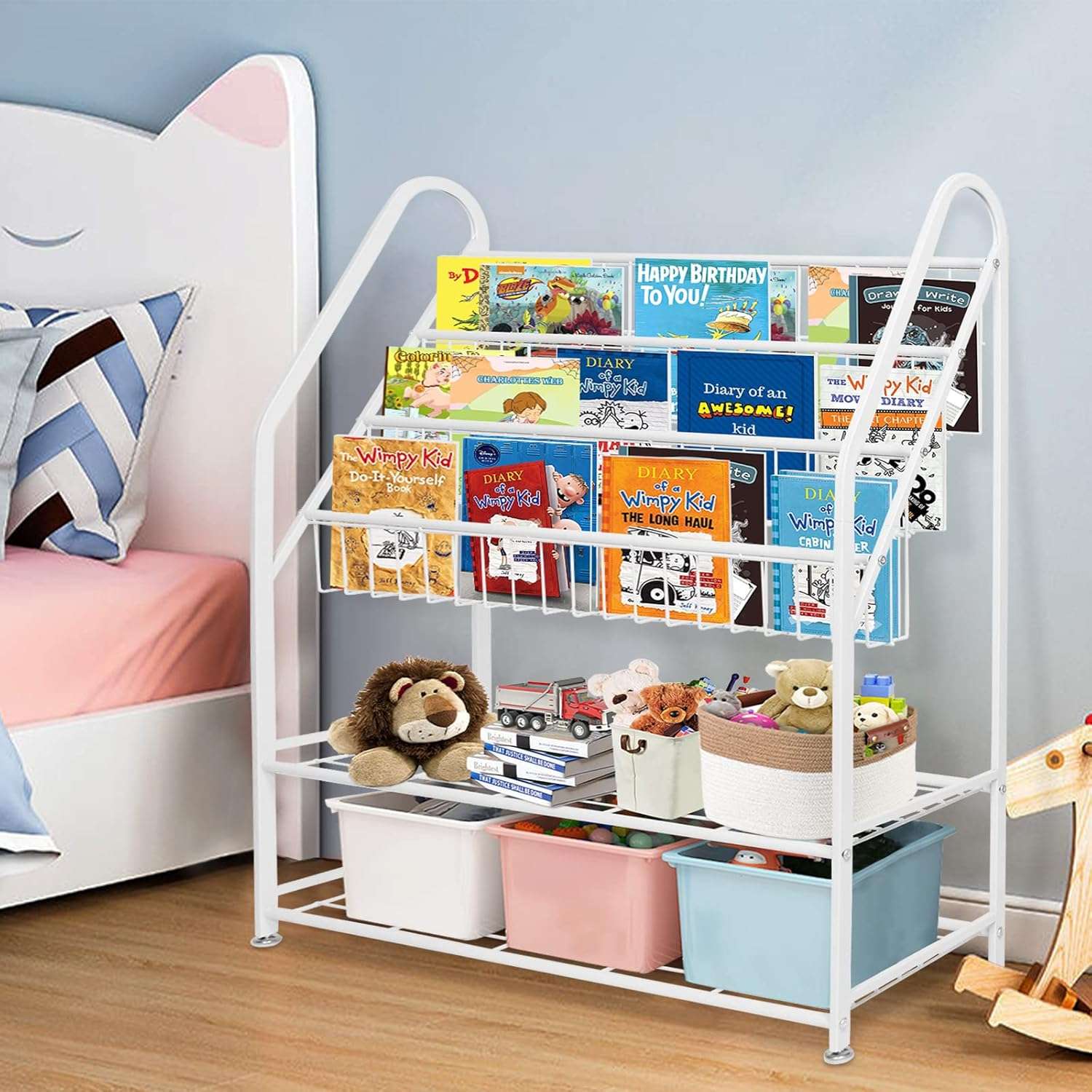 aboxoo Metal Kids Bookshelf Freestanding Bookcase for Children Room 32 in Large Toy Organizer Modern MinimalistWhite Stable Metel Bookstore Bedroom, Living, Library Book Unit Storage - 2